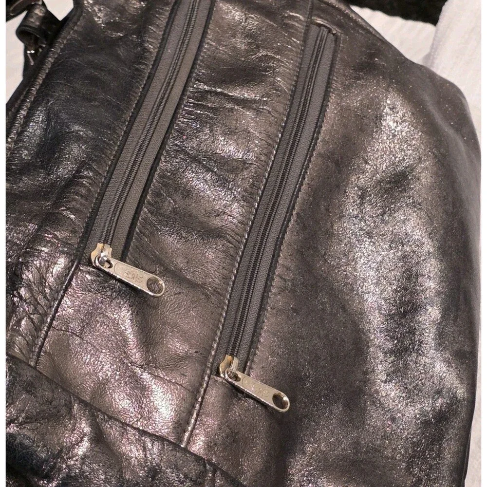 Vintage SHS Metallic Black Textured Leather Multi-Zip Shoulder Bag